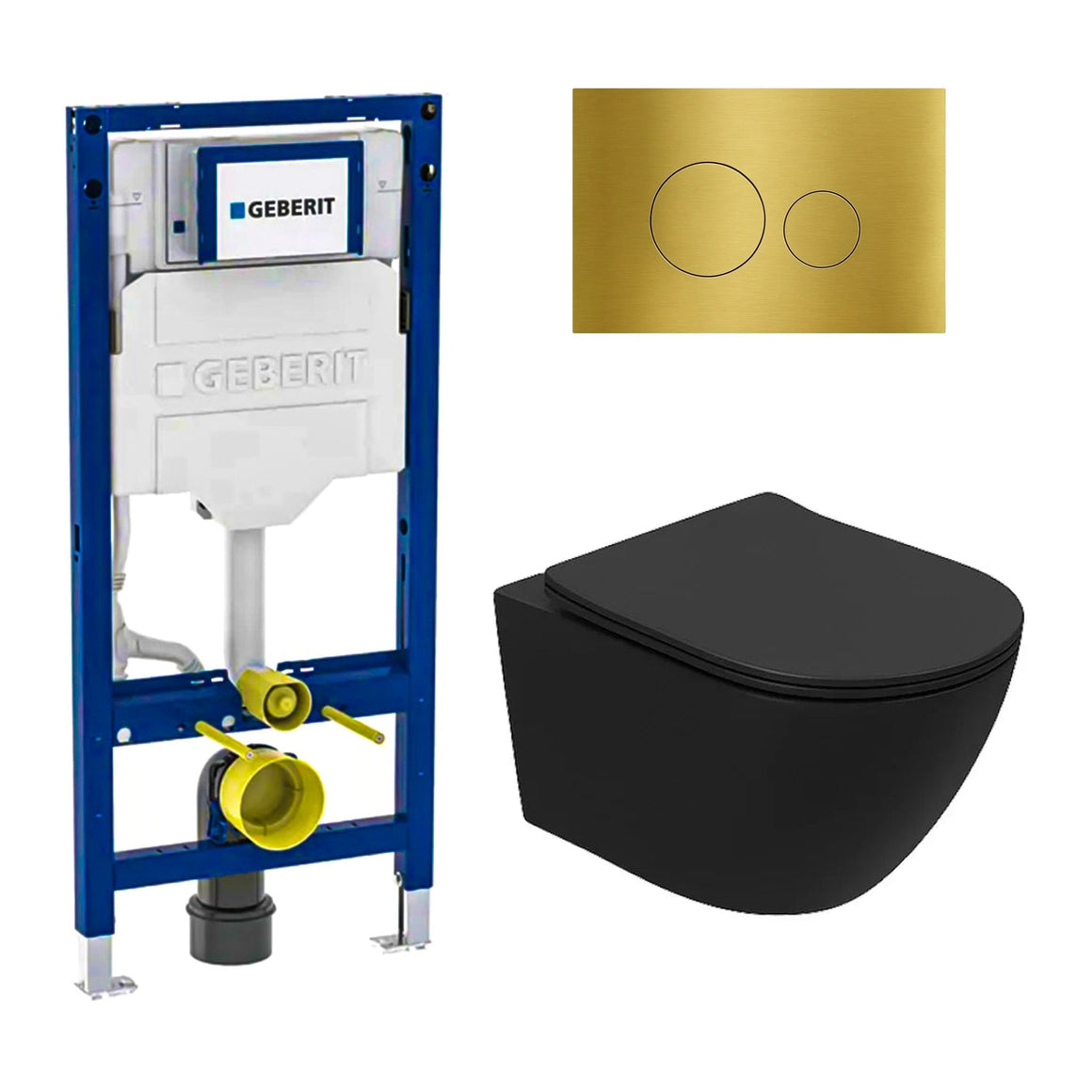 DutchLine Luccio Rimless mat zwart toiletset met Geberit UP320 inbouwreservoir en DutchLine drukplaat geborsteld messing goud