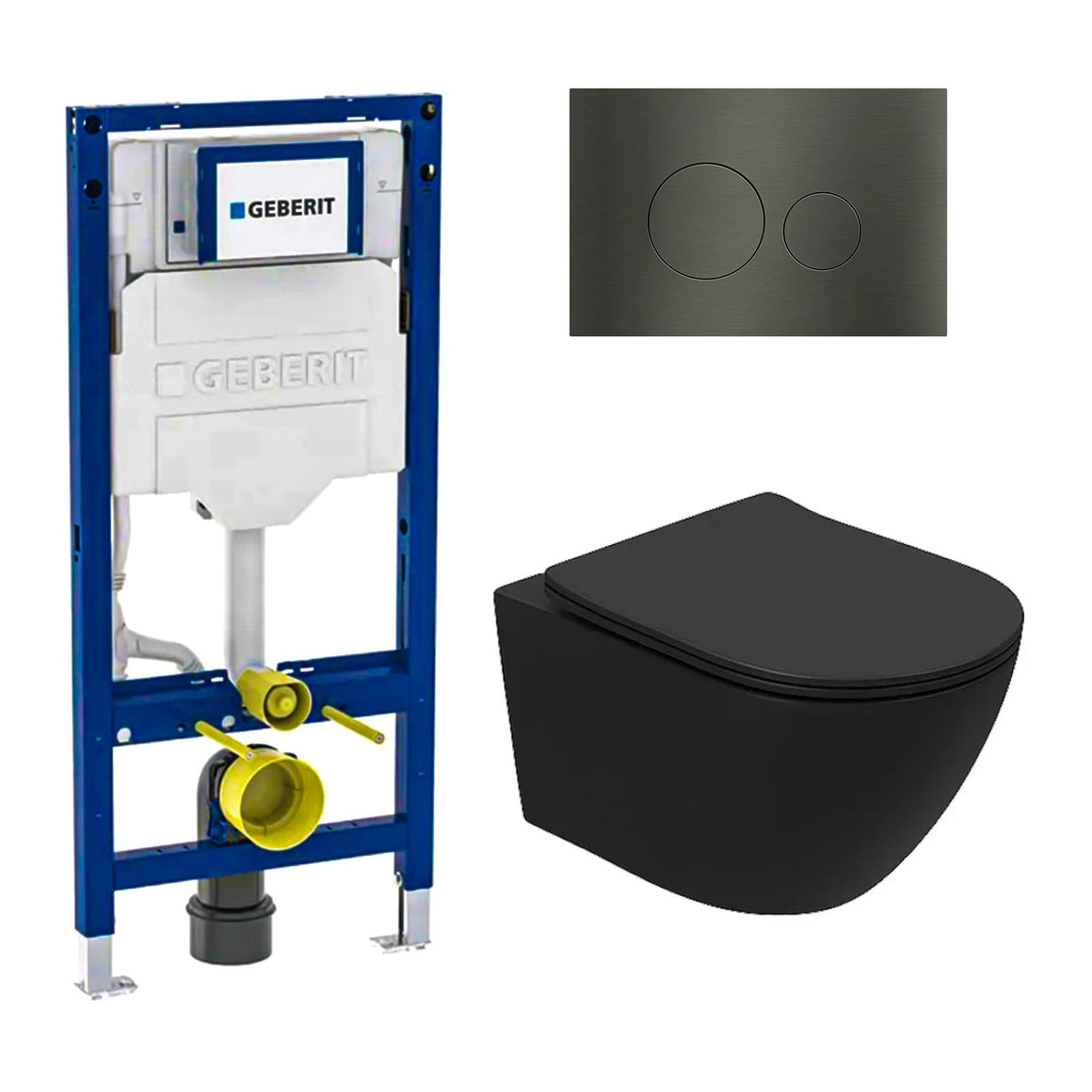 DutchLine Luccio Rimless mat zwart toiletset met Geberit UP320 inbouwreservoir en DutchLine drukplaat gunmetal