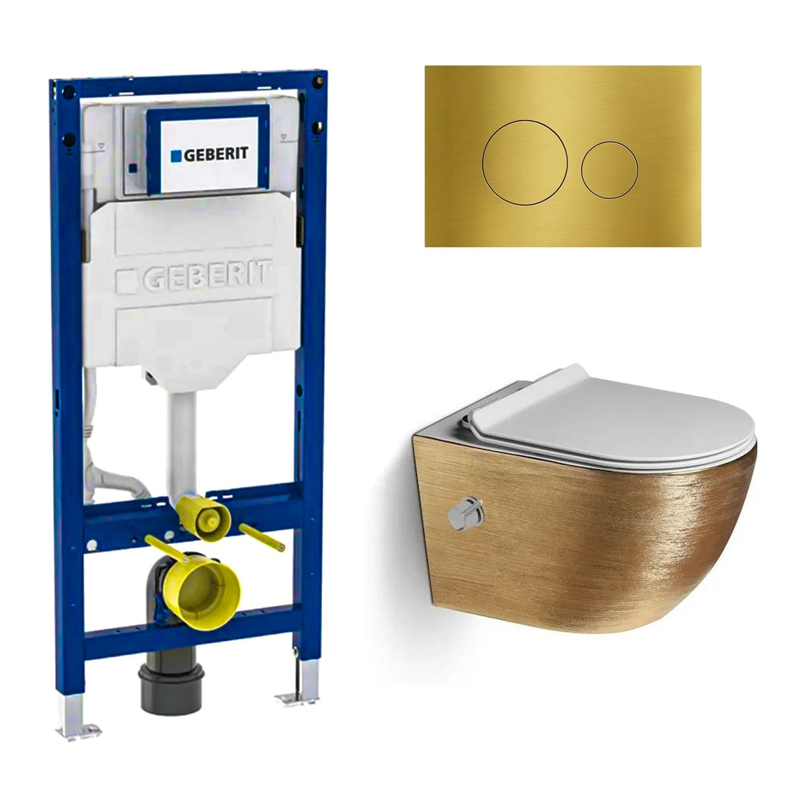 DutchLine Luccio Rimless met bidet geborsteld goud toiletset met Geberit UP320 inbouwreservoir en DutchLine drukplaat geborsteld messing goud