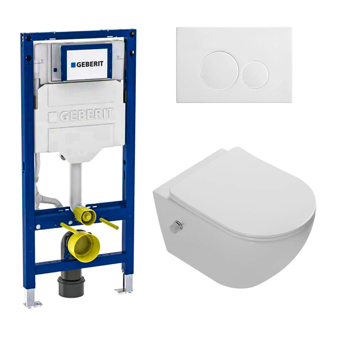 DutchLine Luccio Rimless met bidet glans wit toiletset met Geberit UP320 inbouwreservoir en DutchLine drukplaat mat wit