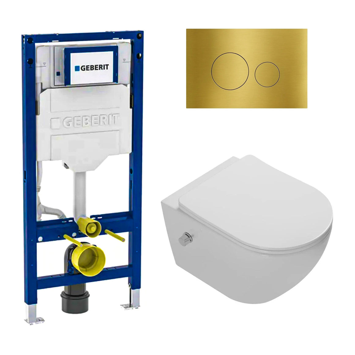 DutchLine Luccio Rimless met bidet glans wit toiletset met Geberit UP320 inbouwreservoir en DutchLine drukplaat geborsteld messing goud