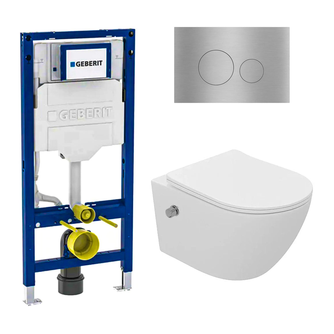 DutchLine Luccio Rimless met bidet mat wit toiletset met Geberit UP320 inbouwreservoir en DutchLine drukplaat geborsteld staal