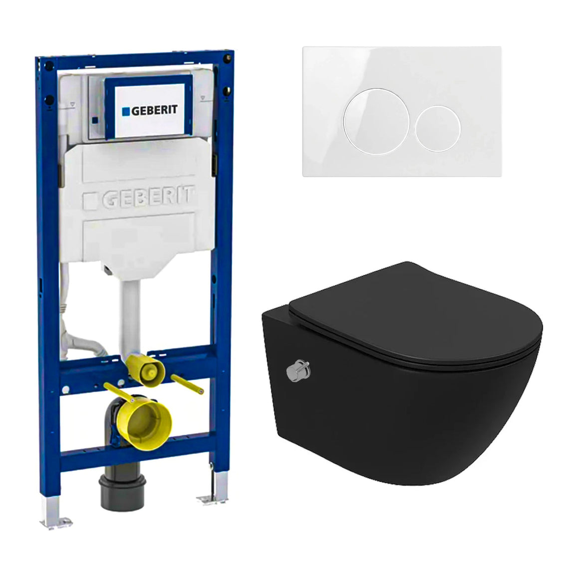 DutchLine Luccio Rimless met bidet mat zwart toiletset met Geberit UP320 inbouwreservoir en DutchLine drukplaat glans wit