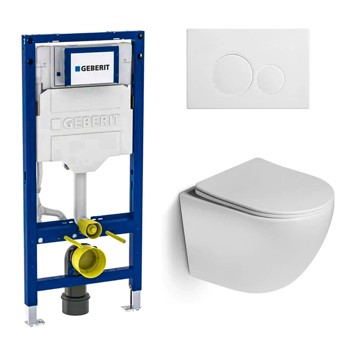 DutchLine Luccio Rimless Ondiep glans wit toiletset met Geberit UP320 inbouwreservoir en DutchLine drukplaat mat wit