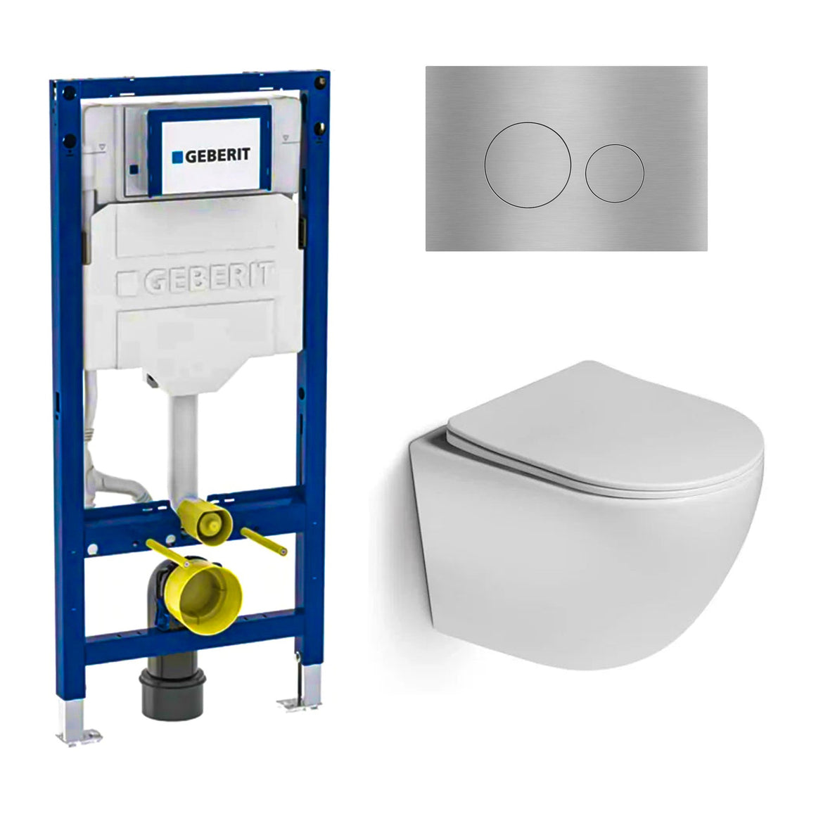 DutchLine Luccio Rimless Ondiep glans wit toiletset met Geberit UP320 inbouwreservoir en DutchLine drukplaat geborsteld staal