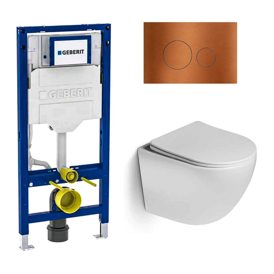DutchLine Luccio Rimless Ondiep glans wit toiletset met Geberit UP320 inbouwreservoir en DutchLine drukplaat geborsteld koper