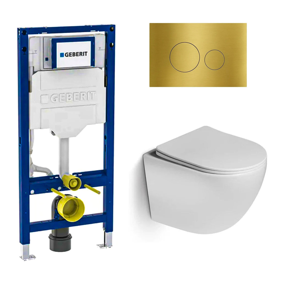DutchLine Luccio Rimless Ondiep glans wit toiletset met Geberit UP320 inbouwreservoir en DutchLine drukplaat geborsteld messing goud