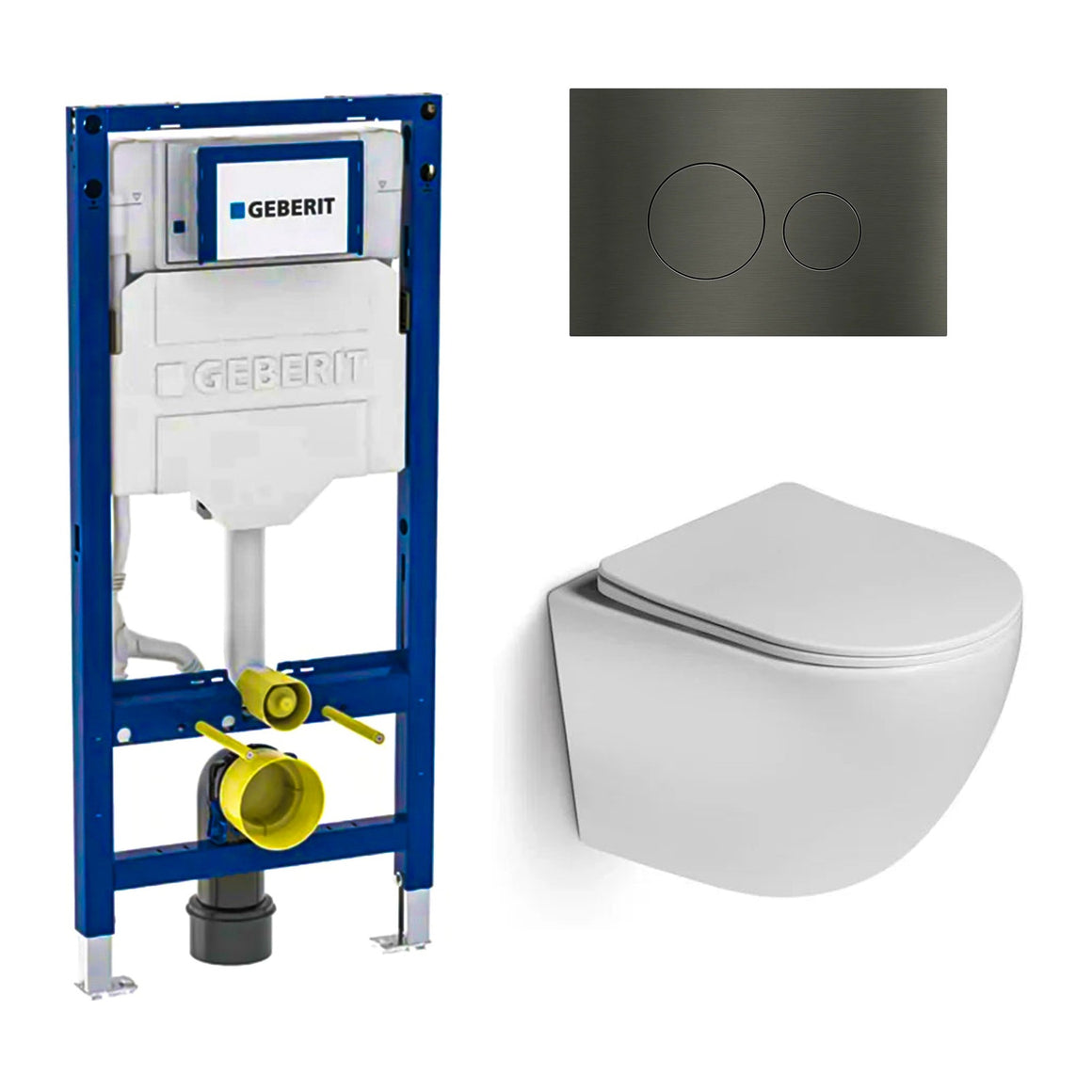DutchLine Luccio Rimless Ondiep glans wit toiletset met Geberit UP320 inbouwreservoir en DutchLine drukplaat gunmetal