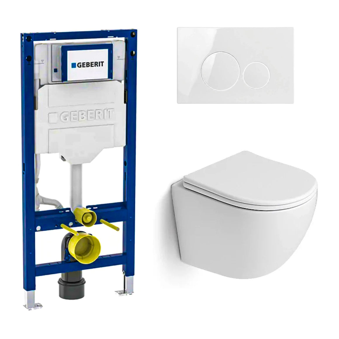 DutchLine Luccio Rimless Ondiep mat wit toiletset met Geberit UP320 inbouwreservoir en DutchLine drukplaat glans wit
