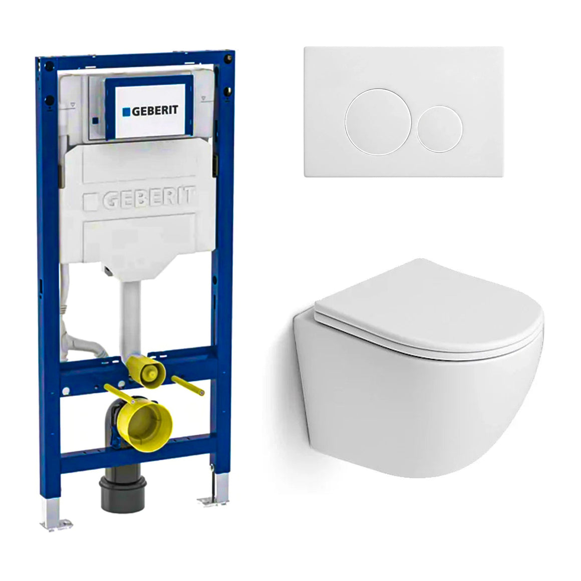 DutchLine Luccio Rimless Ondiep mat wit toiletset met Geberit UP320 inbouwreservoir en DutchLine drukplaat mat wit