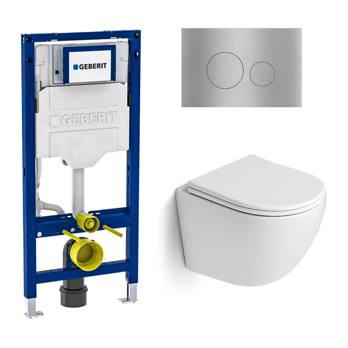 DutchLine Luccio Rimless Ondiep mat wit toiletset met Geberit UP320 inbouwreservoir en DutchLine drukplaat geborsteld staal