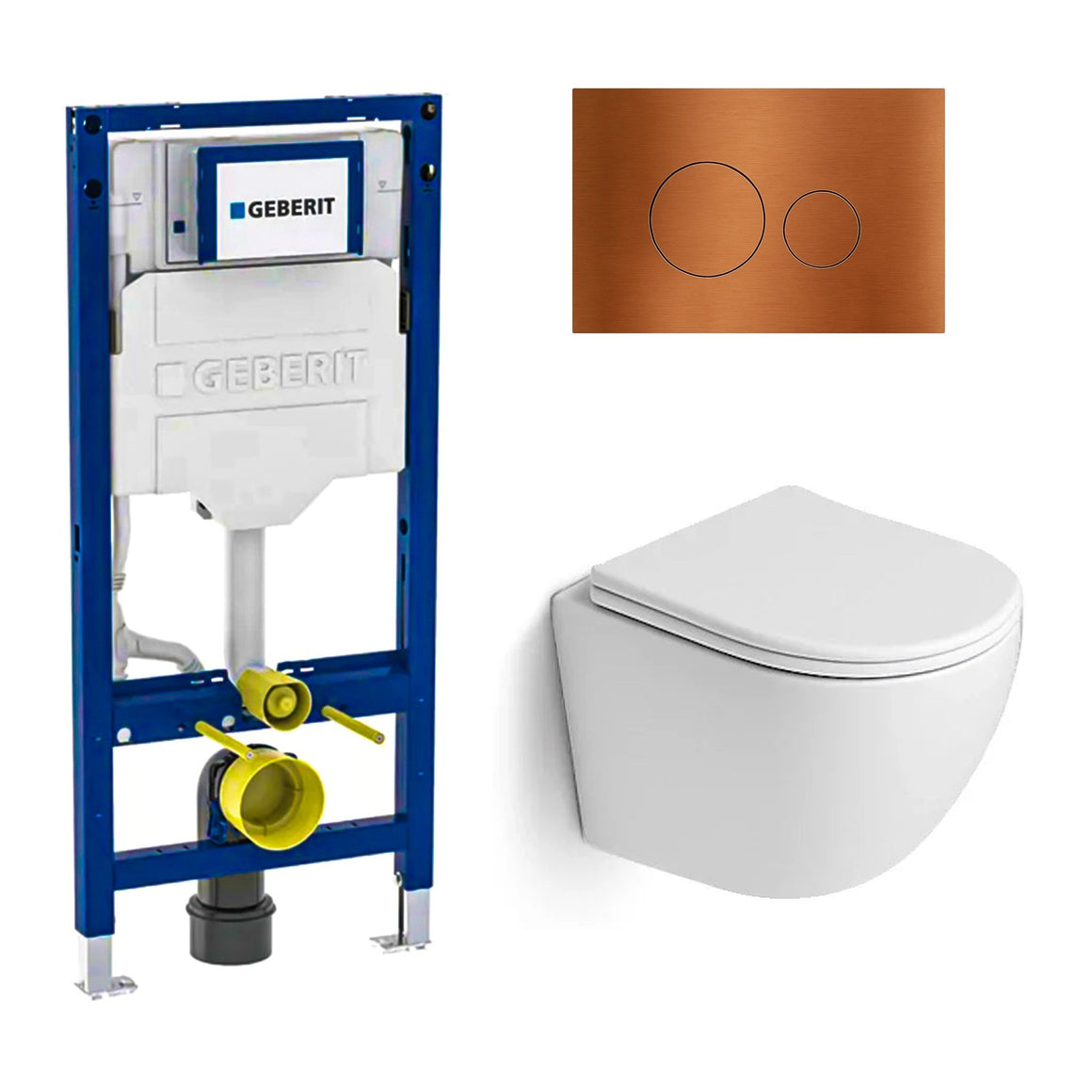 DutchLine Luccio Rimless Ondiep mat wit toiletset met Geberit UP320 inbouwreservoir en DutchLine drukplaat geborsteld koper
