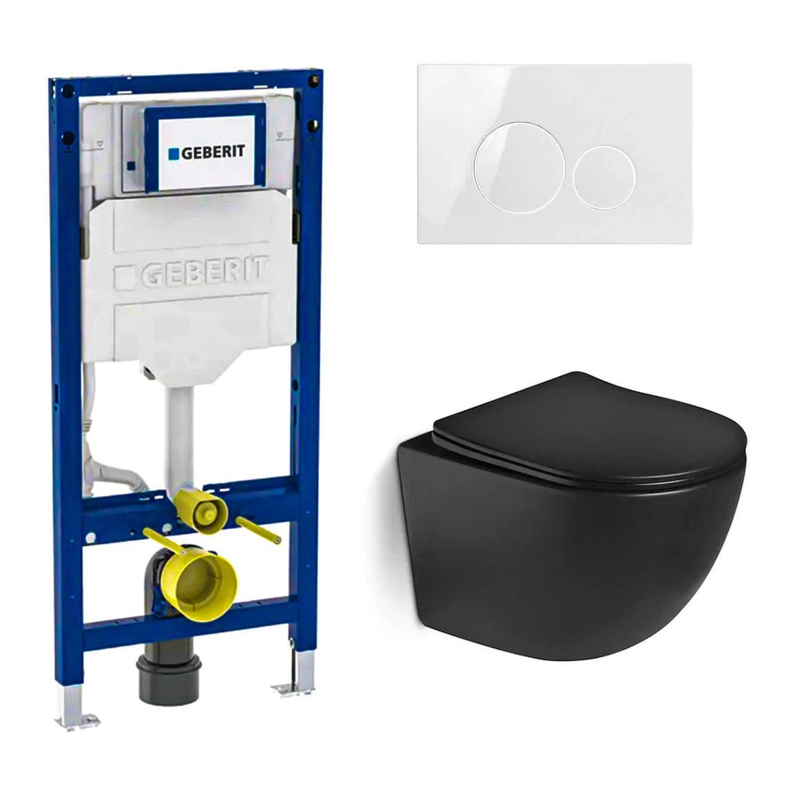 DutchLine Luccio Rimless Ondiep mat zwart toiletset met Geberit UP320 inbouwreservoir en DutchLine drukplaat glans wit