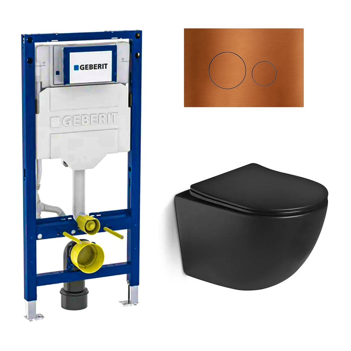 DutchLine Luccio Rimless Ondiep mat zwart toiletset met Geberit UP320 inbouwreservoir en DutchLine drukplaat geborsteld koper