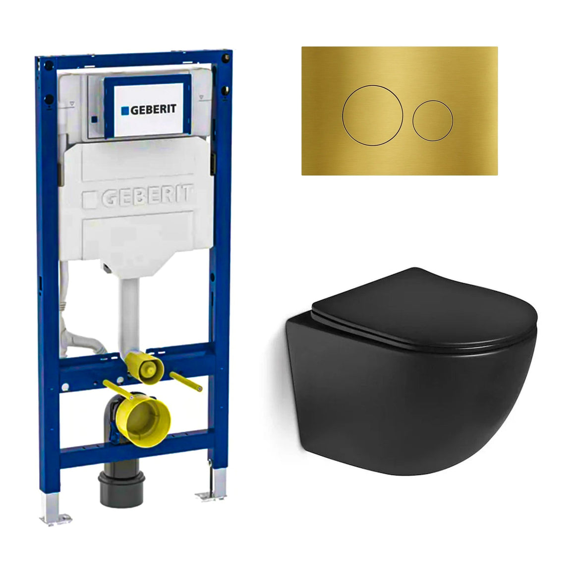 DutchLine Luccio Rimless Ondiep mat zwart toiletset met Geberit UP320 inbouwreservoir en DutchLine drukplaat geborsteld messing goud