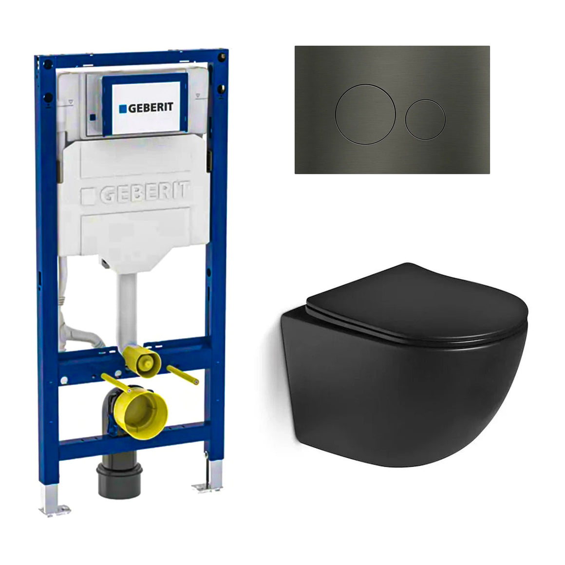 DutchLine Luccio Rimless Ondiep mat zwart toiletset met Geberit UP320 inbouwreservoir en DutchLine drukplaat gunmetal