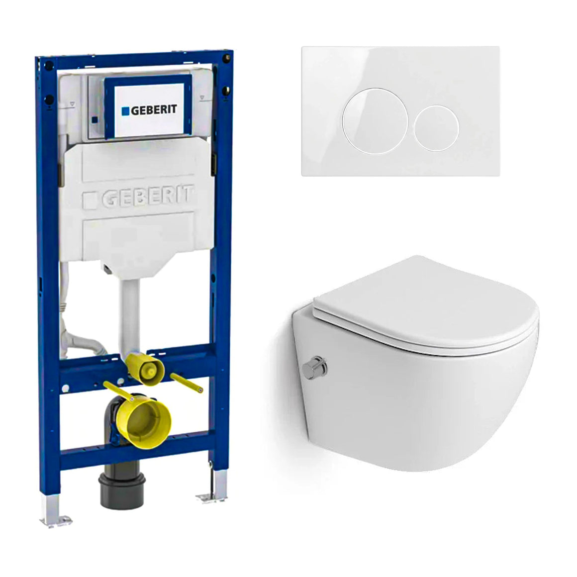 DutchLine Luccio Rimless Ondiep met bidet glans wit toiletset met Geberit UP320 inbouwreservoir en DutchLine drukplaat glans wit