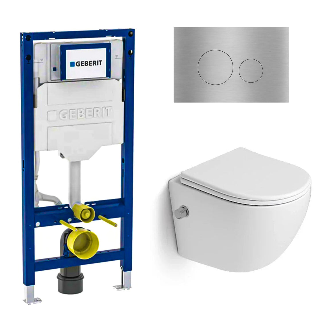 DutchLine Luccio Rimless Ondiep met bidet glans wit toiletset met Geberit UP320 inbouwreservoir en DutchLine drukplaat geborsteld staal
