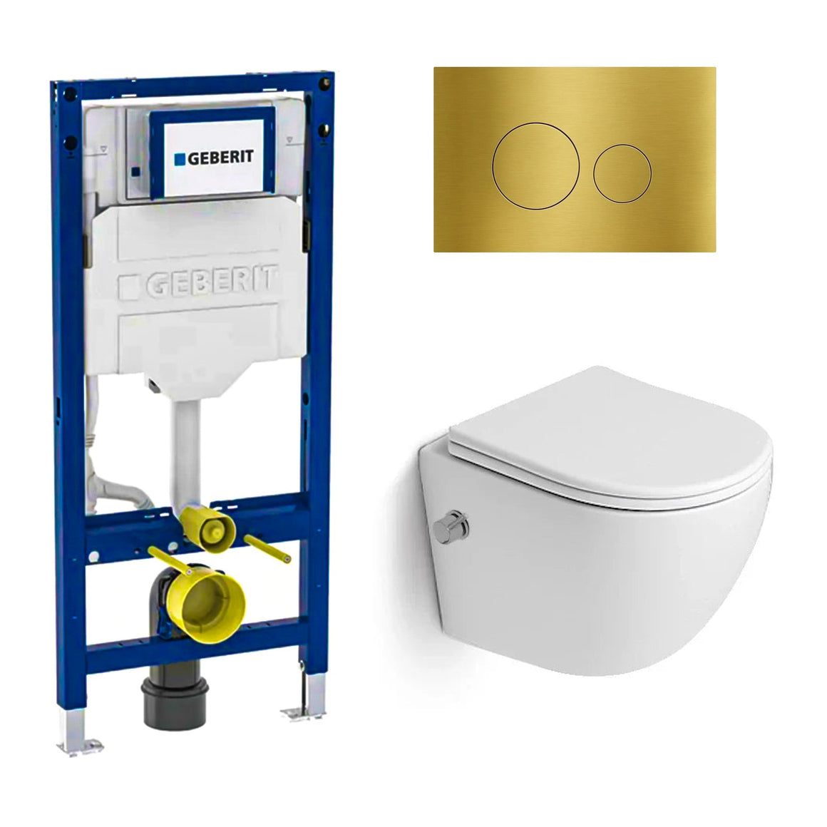 DutchLine Luccio Rimless Ondiep met bidet glans wit toiletset met Geberit UP320 inbouwreservoir en DutchLine drukplaat geborsteld messing goud