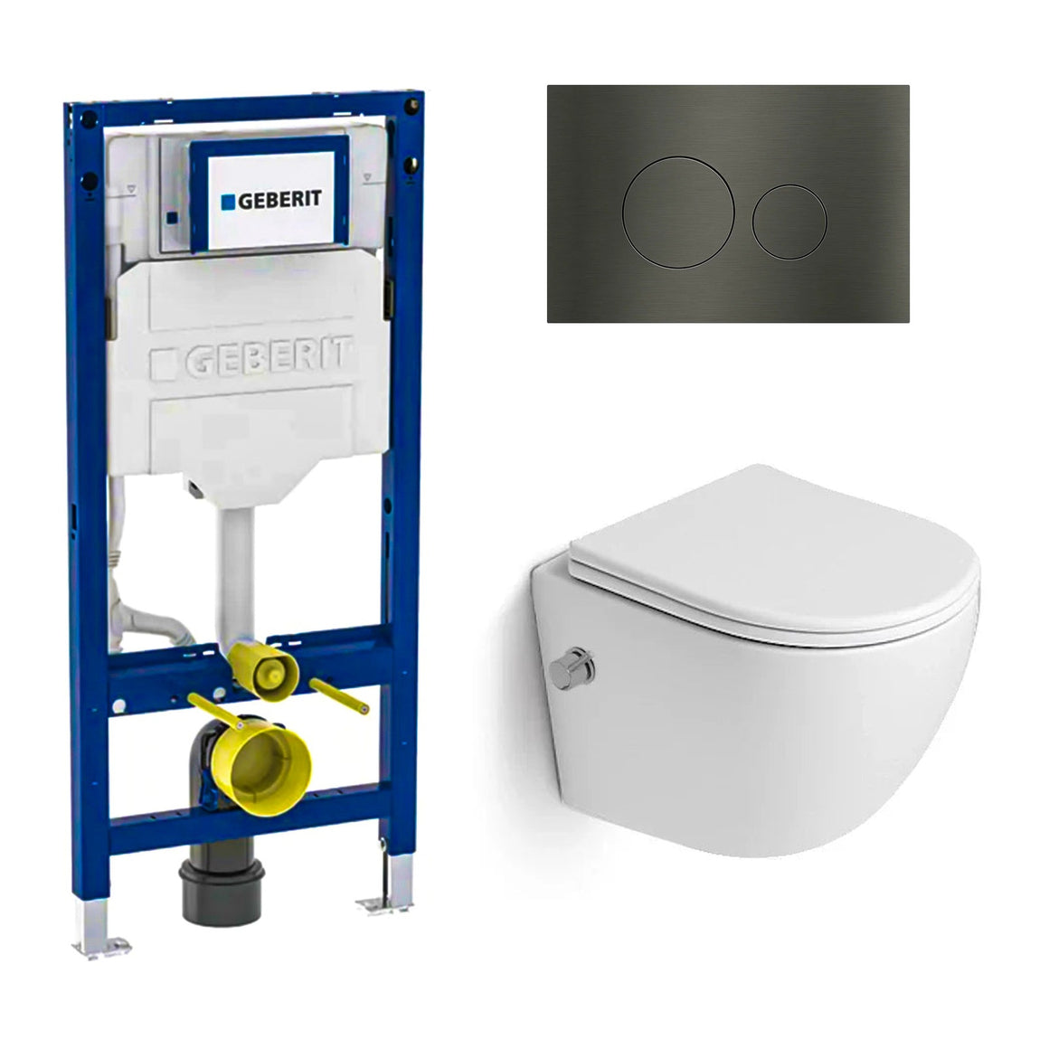 DutchLine Luccio Rimless Ondiep met bidet glans wit toiletset met Geberit UP320 inbouwreservoir en DutchLine drukplaat gunmetal