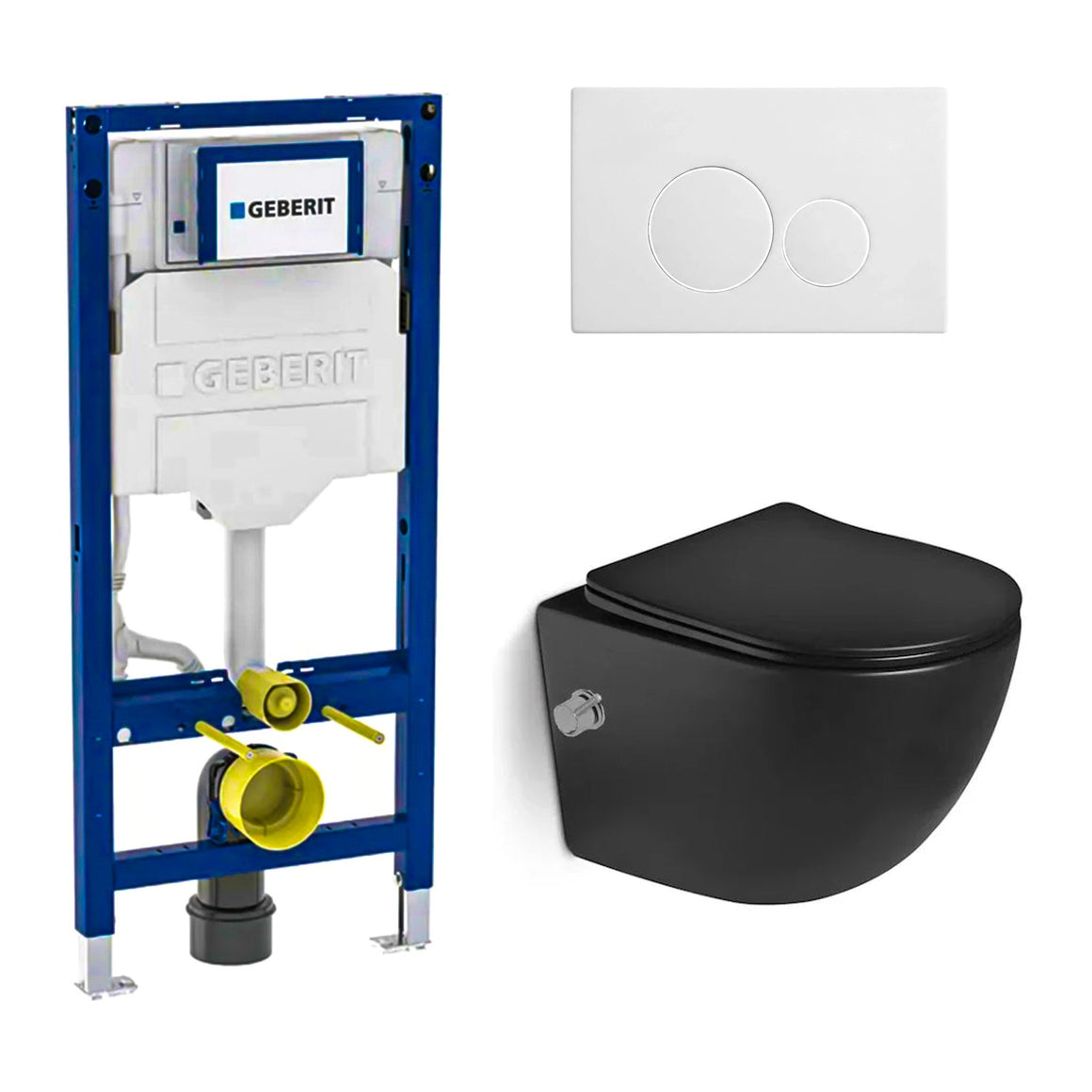 DutchLine Luccio Rimless Ondiep met bidet mat zwart toiletset met Geberit UP320 inbouwreservoir en DutchLine drukplaat mat wit
