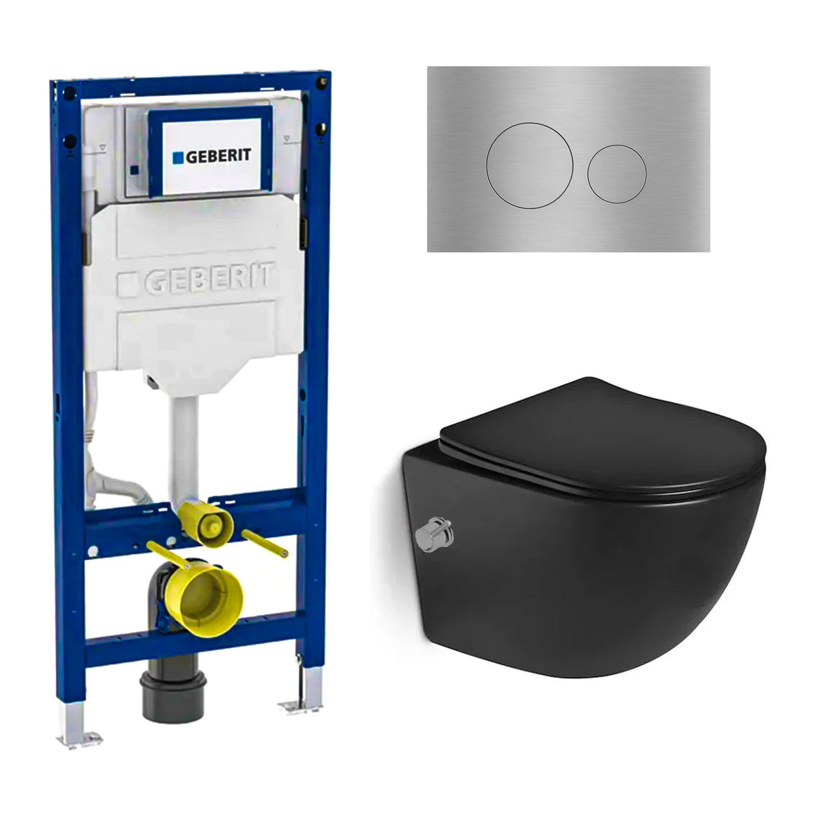DutchLine Luccio Rimless Ondiep met bidet mat zwart toiletset met Geberit UP320 inbouwreservoir en DutchLine drukplaat geborsteld staal