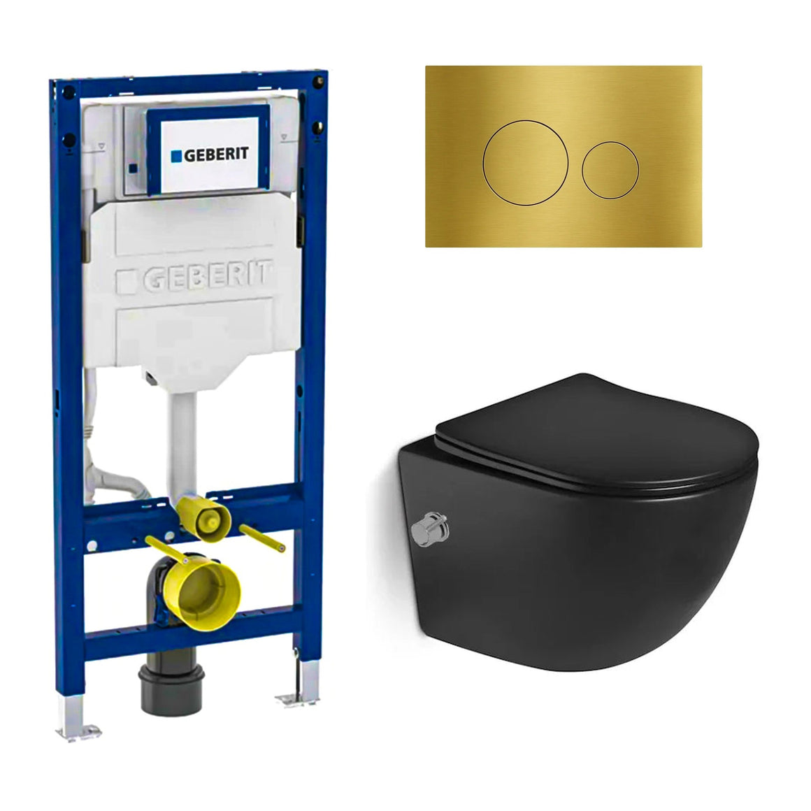 DutchLine Luccio Rimless Ondiep met bidet mat zwart toiletset met Geberit UP320 inbouwreservoir en DutchLine drukplaat geborsteld messing goud