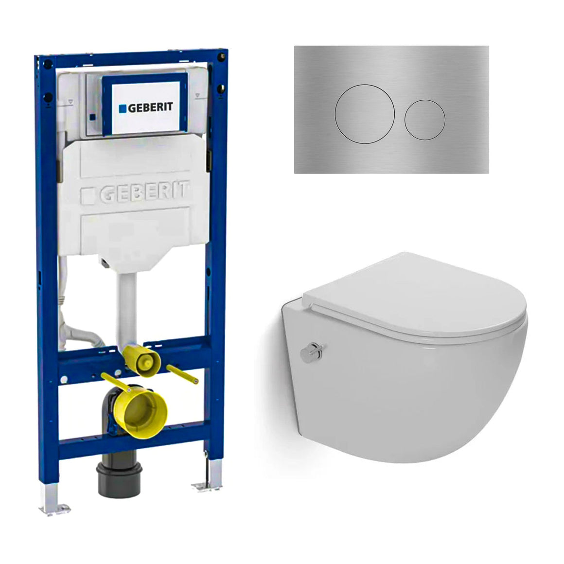 DutchLine Luccio Rimless Ondiep met bidetkraan glans wit toiletset met Geberit UP320 inbouwreservoir en DutchLine drukplaat geborsteld staal