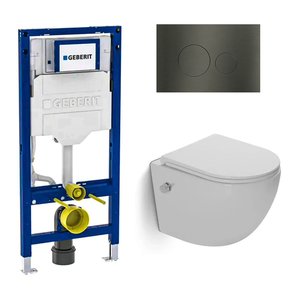 DutchLine Luccio Rimless Ondiep met bidetkraan glans wit toiletset met Geberit UP320 inbouwreservoir en DutchLine drukplaat gunmetal