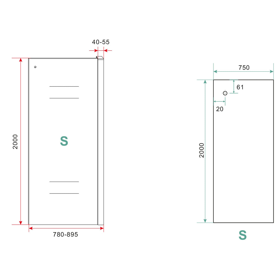 Wiesbaden Side zijwand voor nis schuifdeur 80 cm - technische tekening