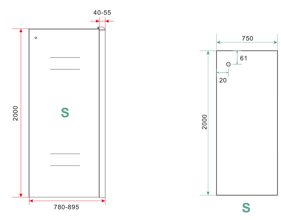Wiesbaden Side zijwand voor nis schuifdeur 80 cm - technische tekening