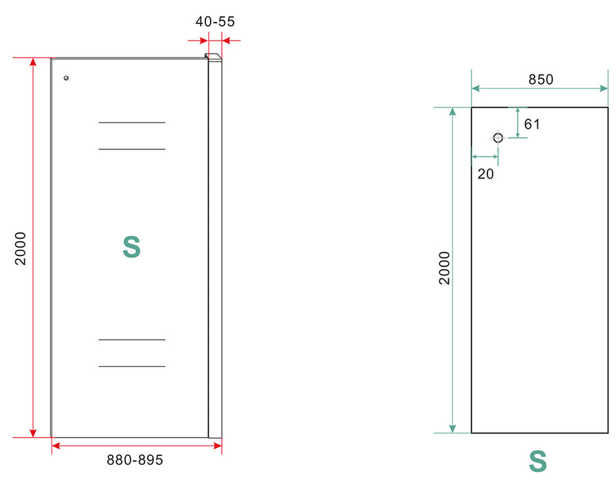 Wiesbaden Side zijwand voor nis schuifdeur 90 cm - technische tekening
