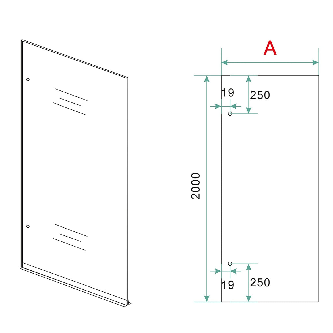 Wiesbaden Less inloopdouche nano rookglas 100 cm / geborsteld messing - technische tekening