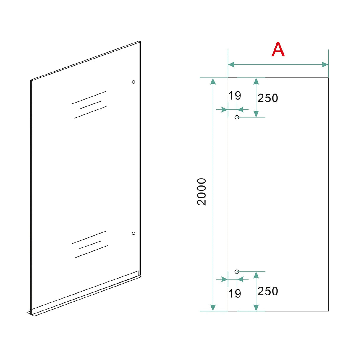 Wiesbaden Less inloopdouche nano spiegelrook naar helder glas rechts / 90 cm - technische tekening