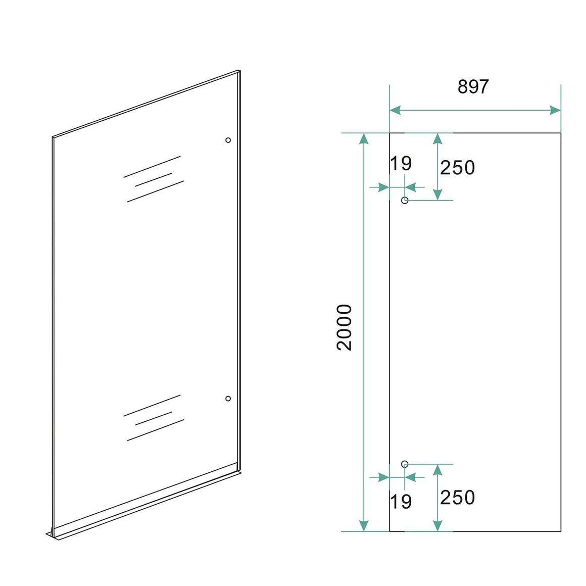 Wiesbaden Less inloopdouche nano spiegelrook naar helder glas rechts / 90 cm - technische tekening