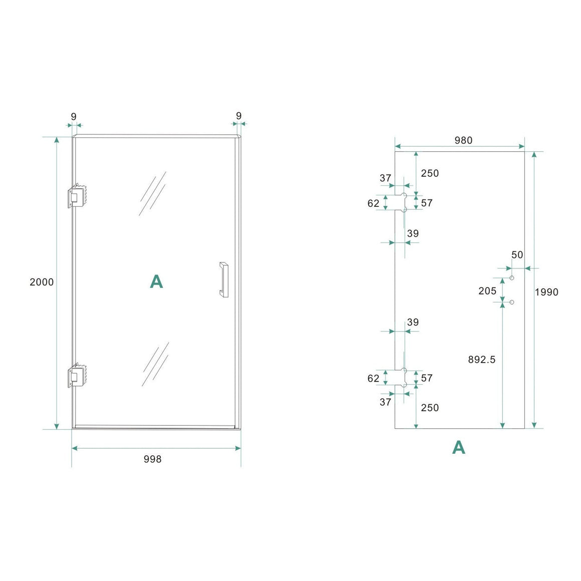 Wiesbaden Less nisdeur nano helder glas geborsteld staal 100 cm - technische tekening