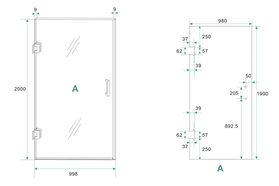 Wiesbaden Less nisdeur nano helder glas geborsteld 100 cm - technische tekening