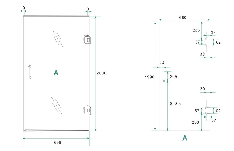 Wiesbaden Less nisdeur nano spiegelrook naar helder glas geborsteld staal rechts / 70 cm - technische tekening