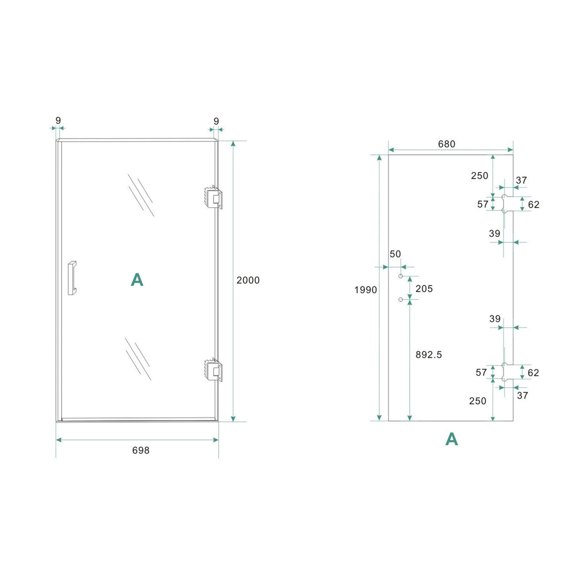 Wiesbaden Less nisdeur nano spiegelrook naar helder glas rechts / 70 cm - technische tekening