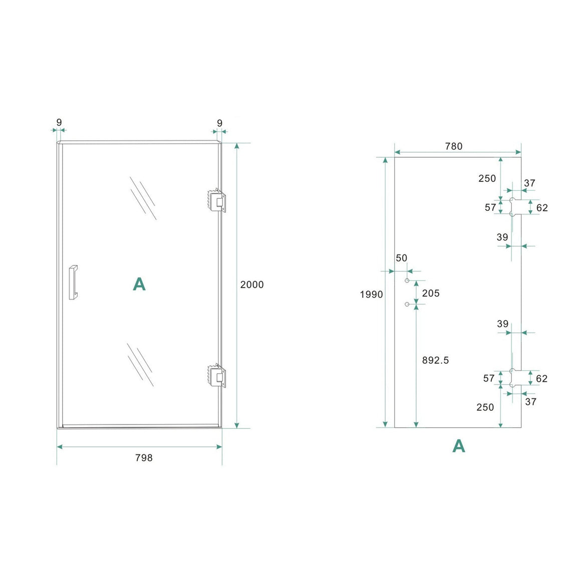 Wiesbaden Less nisdeur nano spiegelrook naar helder glas geborsteld staal rechts / 80 cm - technische tekening