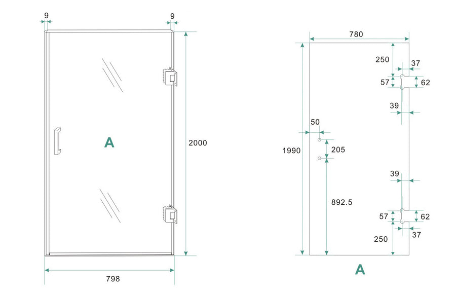 Wiesbaden Less nisdeur nano spiegelrook naar helder glas geborsteld staal rechts / 80 cm - technische tekening