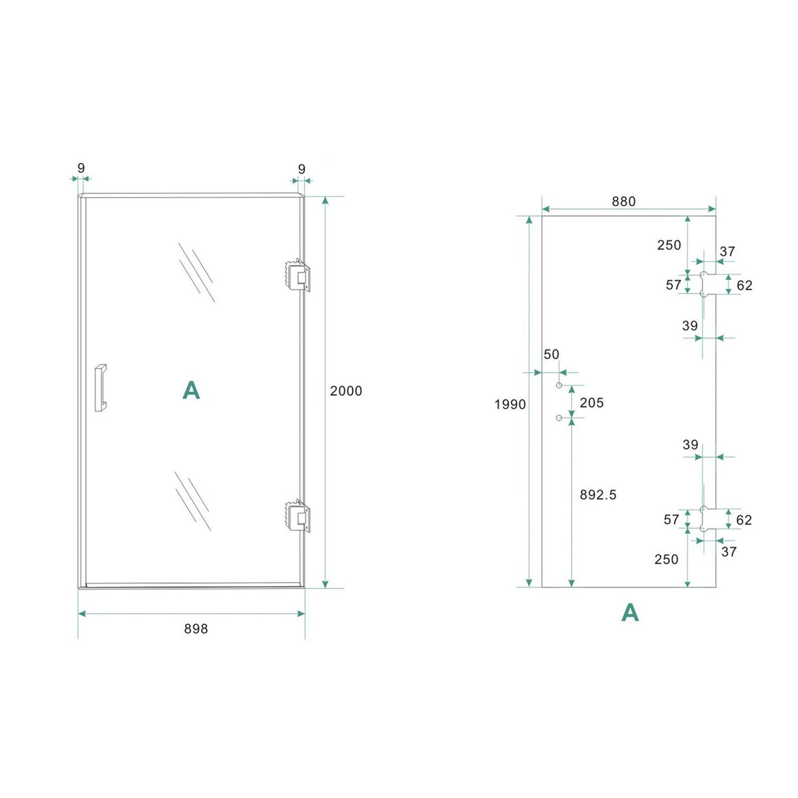 Wiesbaden Less nisdeur nano spiegelrook naar helder glas rechts / 90 cm - technische tekening