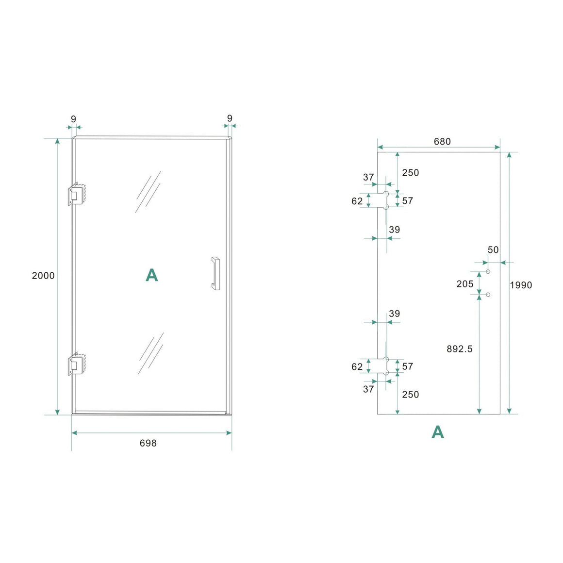 Wiesbaden Less nisdeur nano rookglas 70 cm / mat wit - technische tekening