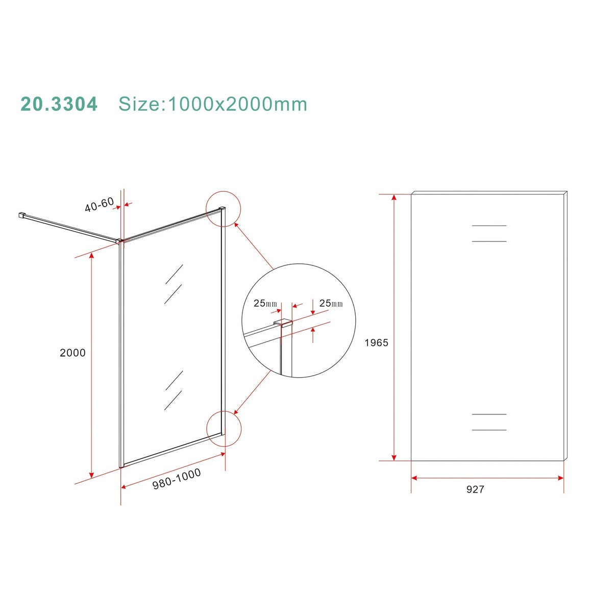 Wiesbaden Square inloopdouche nano helder glas geborsteld brons koper 100 cm - technische tekening