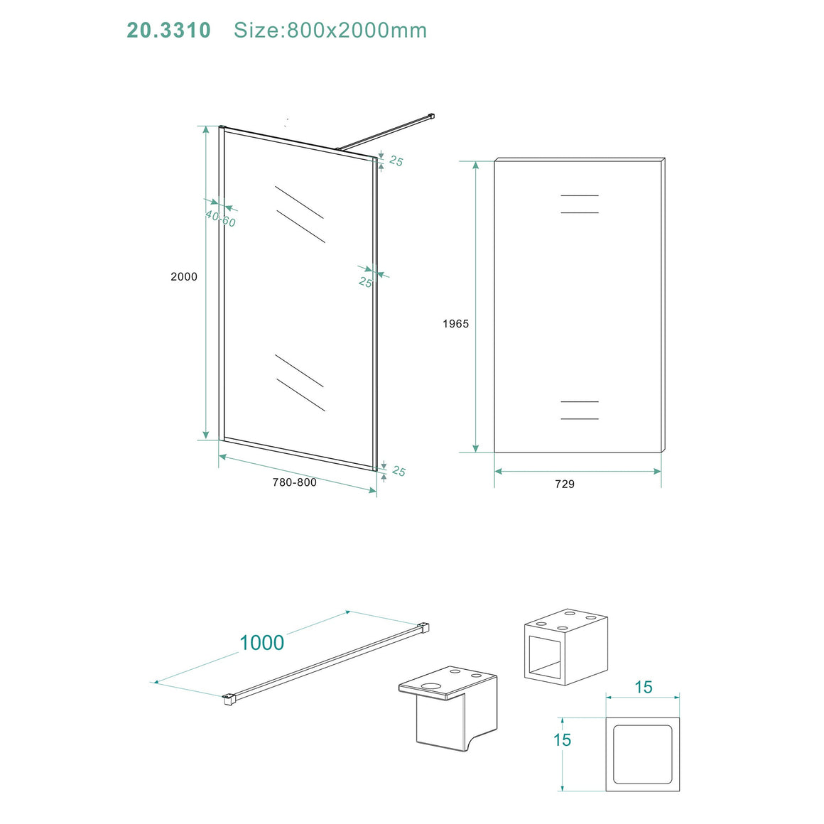 Wiesbaden Square inloopdouche nano helder glas 80 cm / Mat zwart - technische tekening