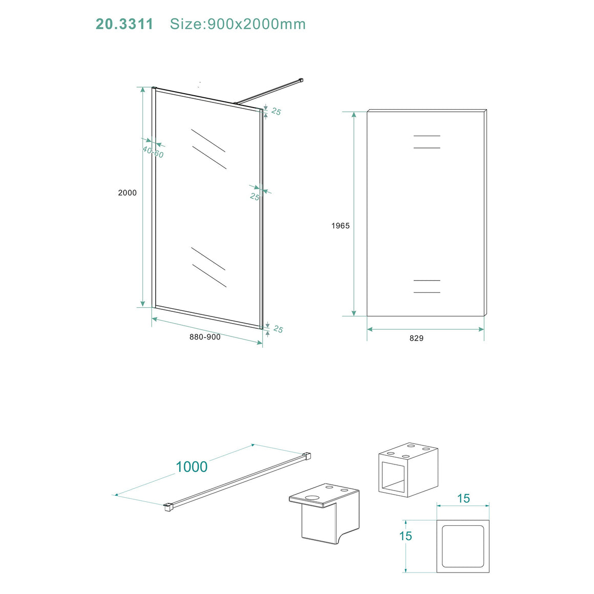 Wiesbaden Square inloopdouche nano helder glas 90 cm / Mat zwart - technische tekening