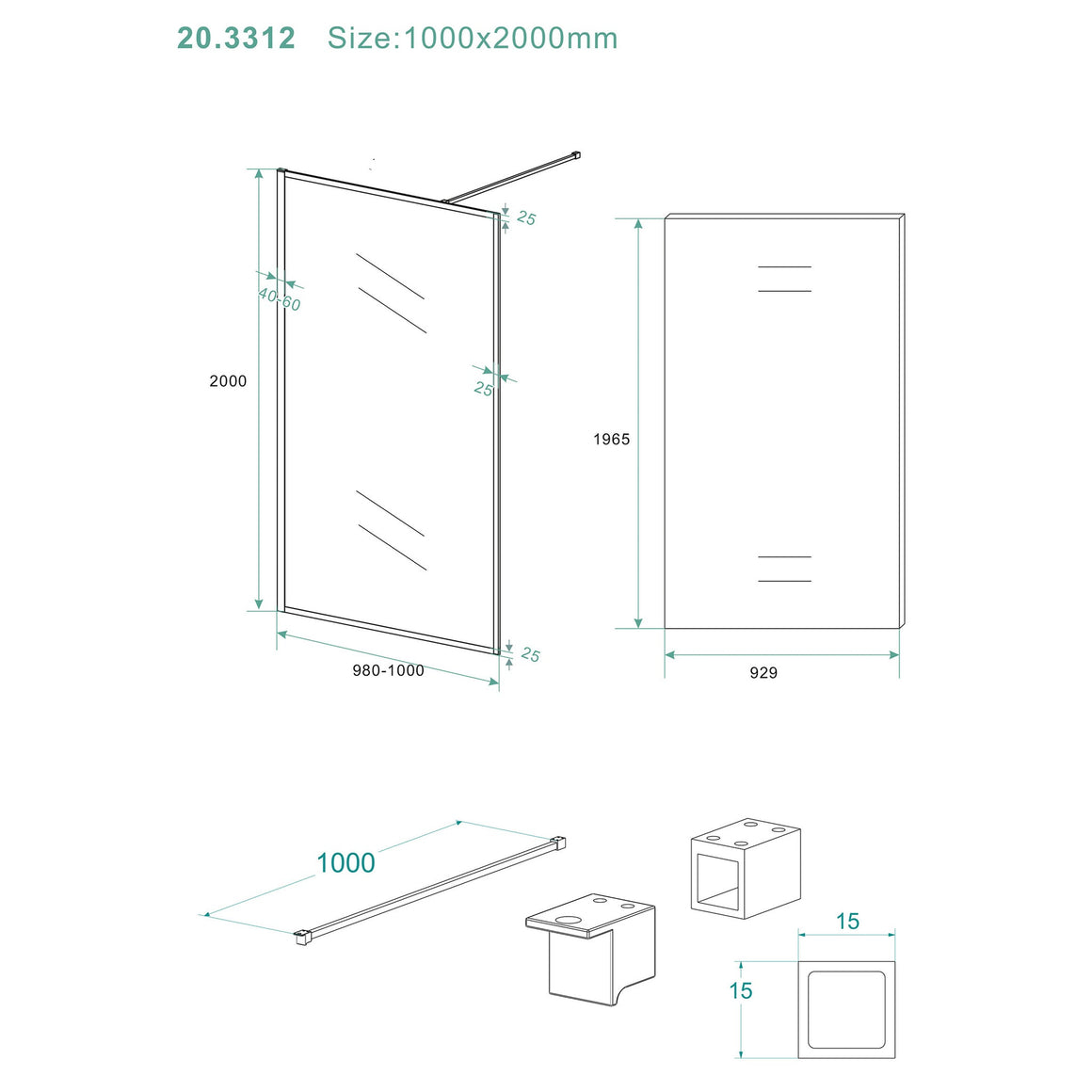 Wiesbaden Square inloopdouche nano helder glas 100 cm / Mat zwart - technische tekening