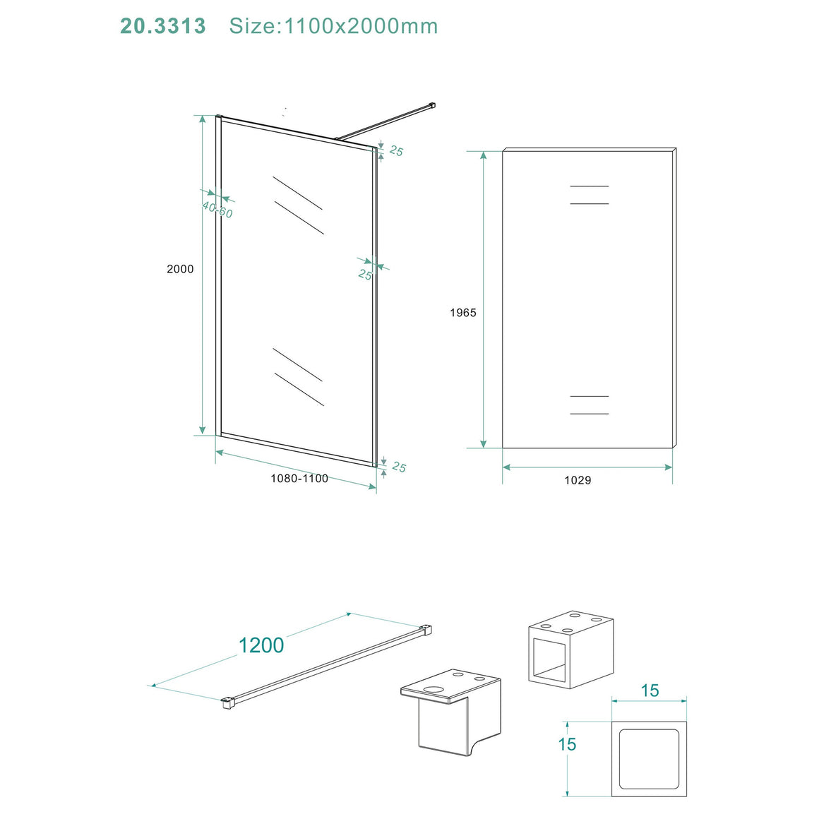 Wiesbaden Square inloopdouche nano helder glas 110 cm / Mat zwart - technische tekening