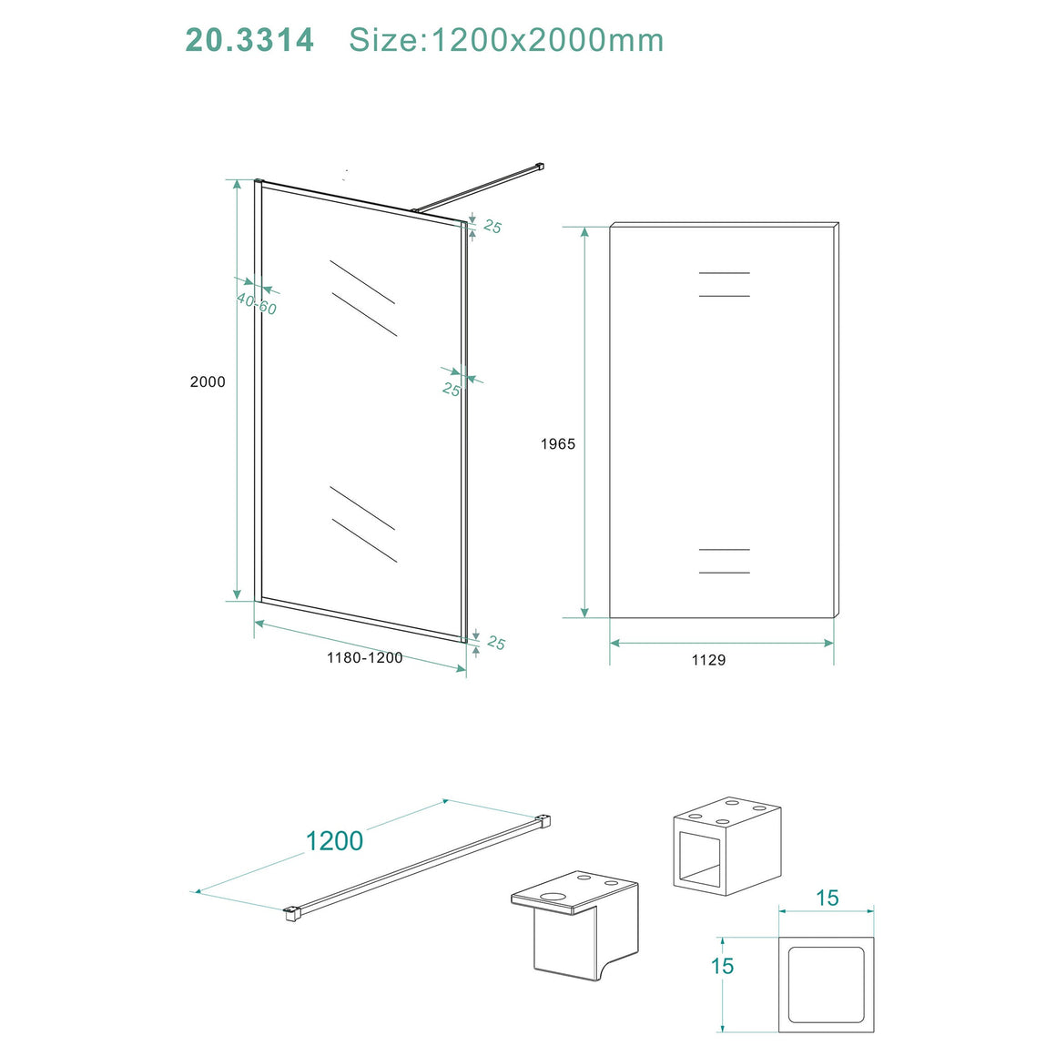 Wiesbaden Square inloopdouche nano helder glas 120 cm / Mat zwart - technische tekening