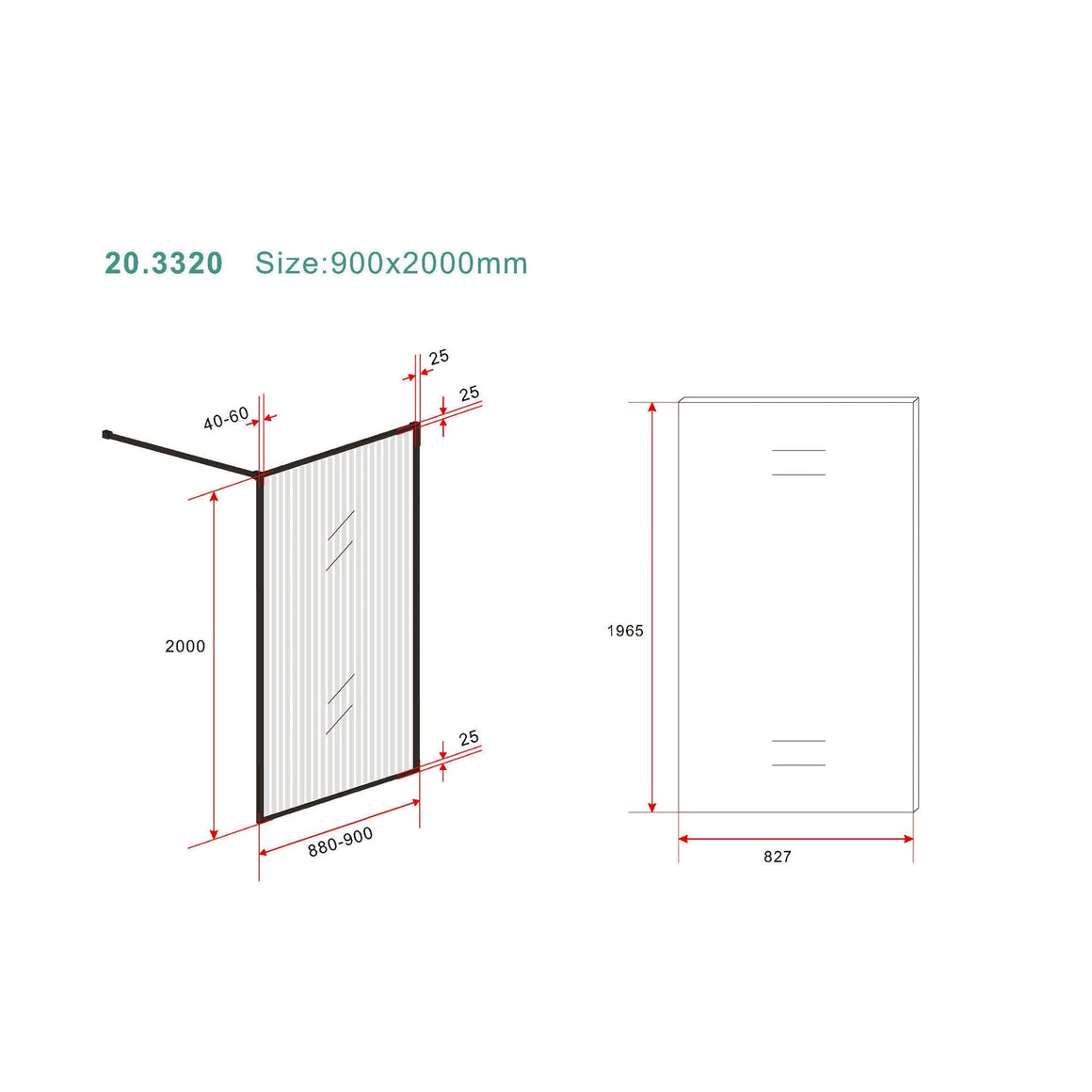 Wiesbaden Square inloopdouche nano geribbeld helder glas 90 cm - technische tekening